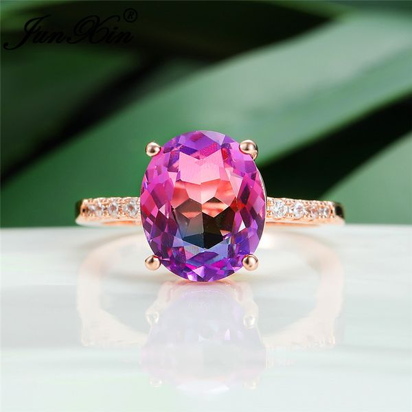 

wedding rings charm mystic purple crystal oval stone for women white rose gold simple rainbow zircon thin ring band engagement cz, Slivery;golden
