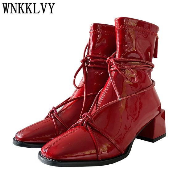 

cross strappy design elastic slim short boots women shiny leather chunky mid heels runway shoes autumn winter ankle boots 2020, Black