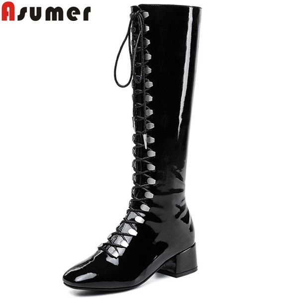 

asumer big size 34-43 fashion knee high boots square toe lace up autumn winter boots cross tied ladies motorcycles women, Black