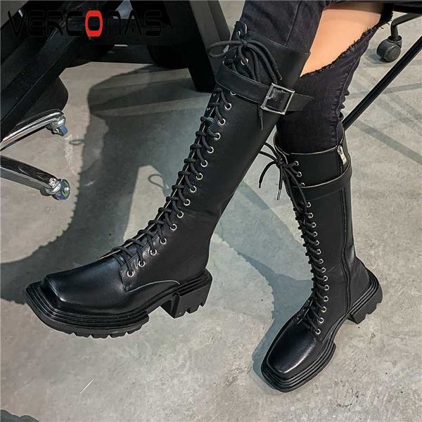 

boots verconas autunm winter cross-tied women knee-high fashion genuine leather buckle shoes woman side zipper platforms, Black