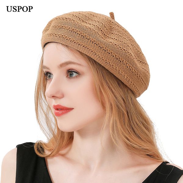 

berets uspop 2021 women solid color hollow-out knitted beret, Blue;gray