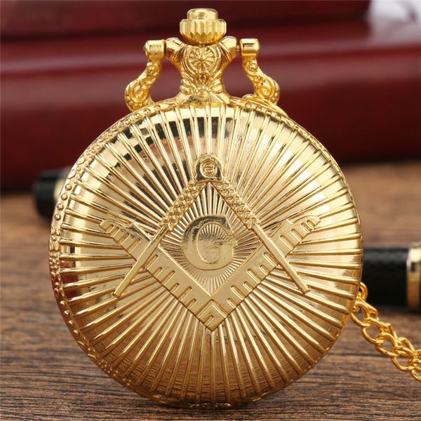 Роскошные желтые золотые масонские масоны фримазона часы Quartz Analog Analog Pocket Watch Counte с ожерельем подвесной цепи Reloj de Bolsillo