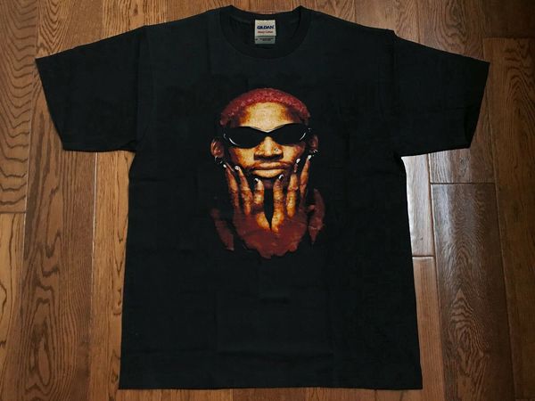 

vtg~dennis rodman t-shirt new 90s blue hair not of this world black~reprint