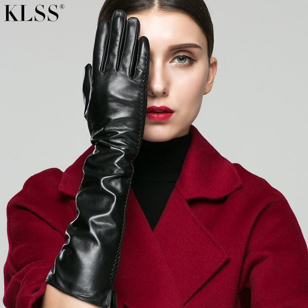

klss brand genuine leather autumn winter women gloves touchscreen goatskin glove classic black five finger 22-45, Blue;gray