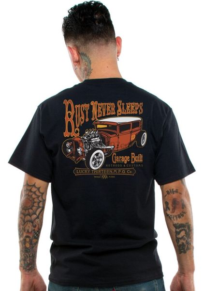 

new lucky 13 t shirt rust never sleeps rod rat rod garage drag race(1