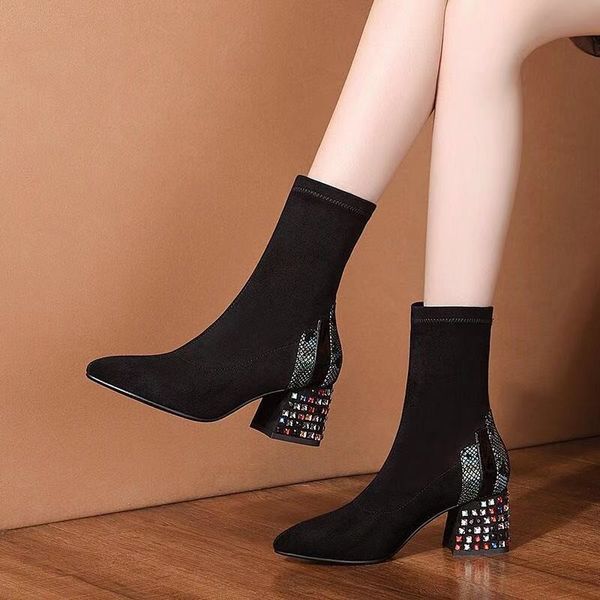 

new design square heels fashion shoes ladies boots female slip on crystal ins dropship boots female ankle winter rome, Black