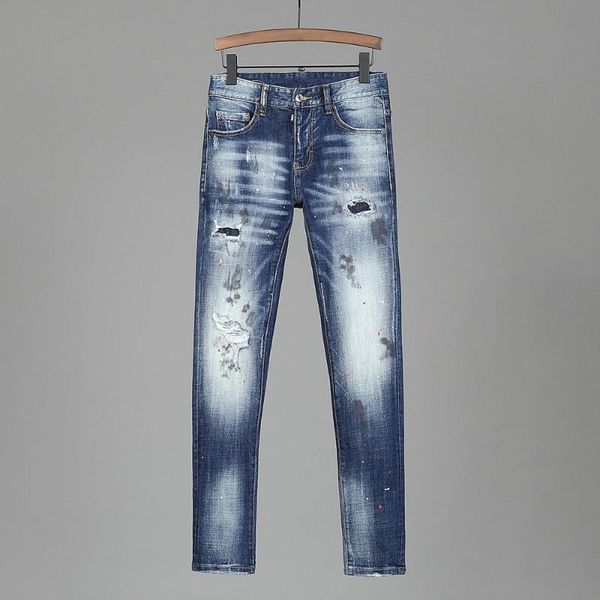 

european nightclub style brand blue mens stretch jeans men denim trousers patchwork slim blue jeans pencil pants for men 239