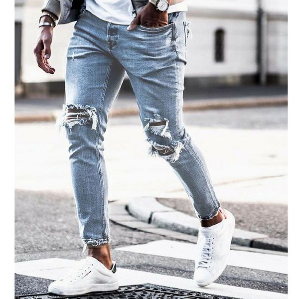 

men's jeans kenntrice streetwear men vintage blue skinny destroyed pants slim fit male hip hop denim