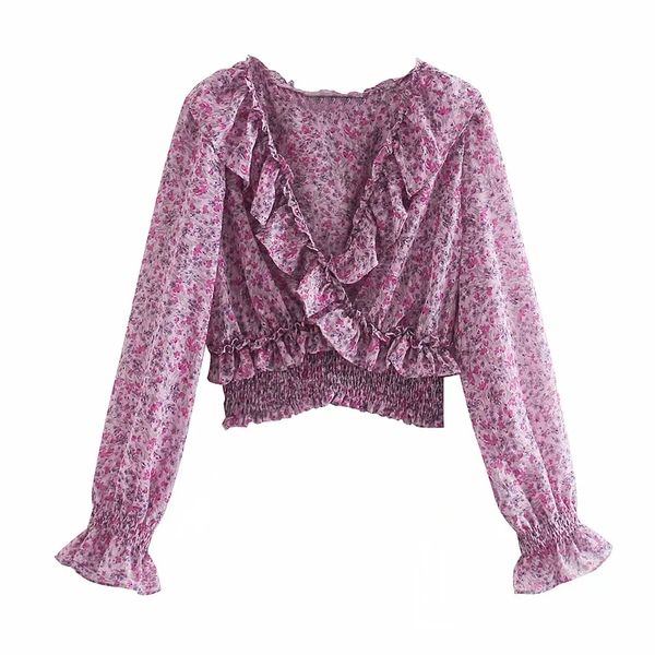 

2020 v neck long sleeve print women blouses fall new women's fall new women's shirts wear thin ruffled print jacket, White