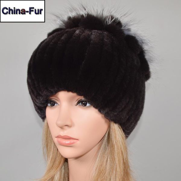 

winter knitted women 100% real rex fur hat fur flowers caps lady soft warm genuine rex beanies hats, Blue;gray