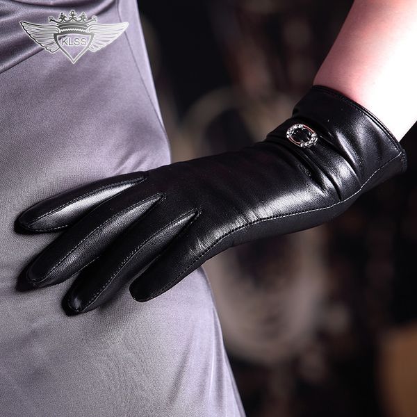 

five fingers gloves klss brand genuine leather women fashion black elegant lady sheepskin goatskin 272, Blue;gray