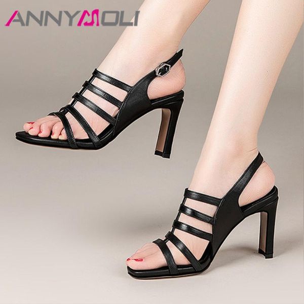 

annymoli narrow band genuine leather sandals women gladiator shoes square toe ladies shoes buckle block high heel sandals summer, Black
