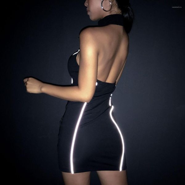 

night club party dresses women summer clothes reflective women designer dresses sleeveless backless halter women, Black;gray