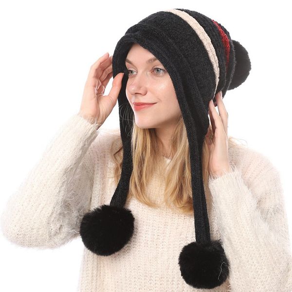 

women winter fur pom pom 3 ball knit fur ball beanie girls warm ski cap, Blue;gray