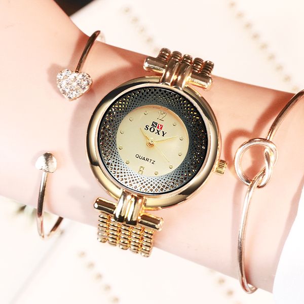 

soxy ladies dress bracelet gold watch women's watches woman quartz watch fashion simple clock female wristwatch, Slivery;brown