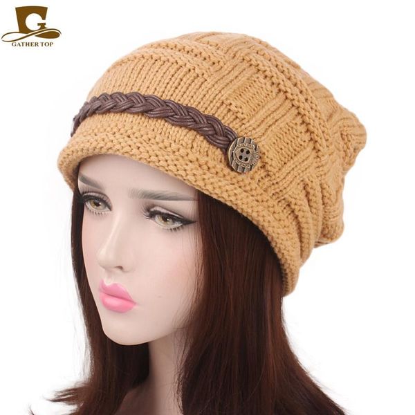 

new fashion warm autumn winter knitted hats for women beanie cabled checker pattern knit baggy hat button strap cap, Blue;gray