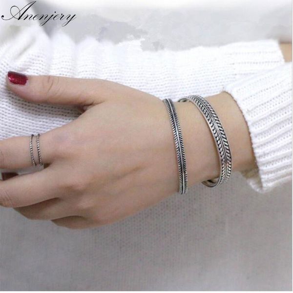 

anenjery vintage 925 sterling silver handmade feather leaves twisted thai silver cuff bracelets & bangles pulseras s-b86, Black