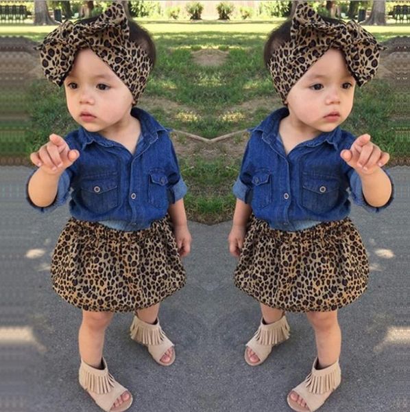 

3pc toddler infantil baby girls dress fashion denim shirt leopard skirt headband kids clothes set outfits m156, White