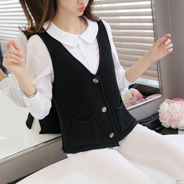 

women cardigan vest 2018 autumn winter fashion knitted v-neck sleeveless women sweaters casual pockets short vest waistcoat, White;black