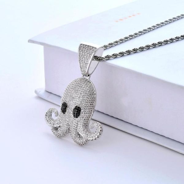 

ear iced out ocs pendant necklace chain mens hip hop jewelry micro pave zircon animal devilfish necklace, Silver