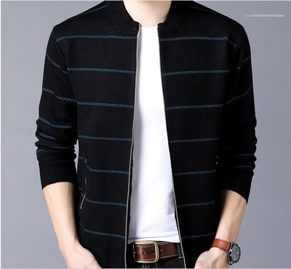 

sleeve sweaters mens knitted cardigan sweaters stand collar striped print sweatshirts zipper pocket contrast color long, White;black
