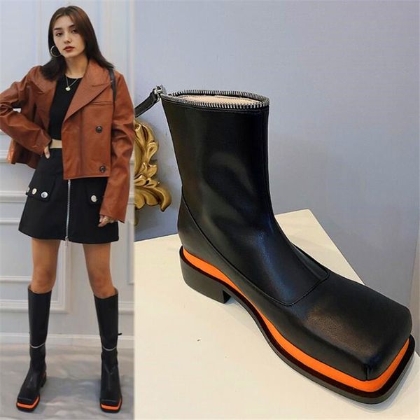 

two ways to wear metal decoration to increase thick-soled square toe ladies boots black short boots winter ladies fashion long b