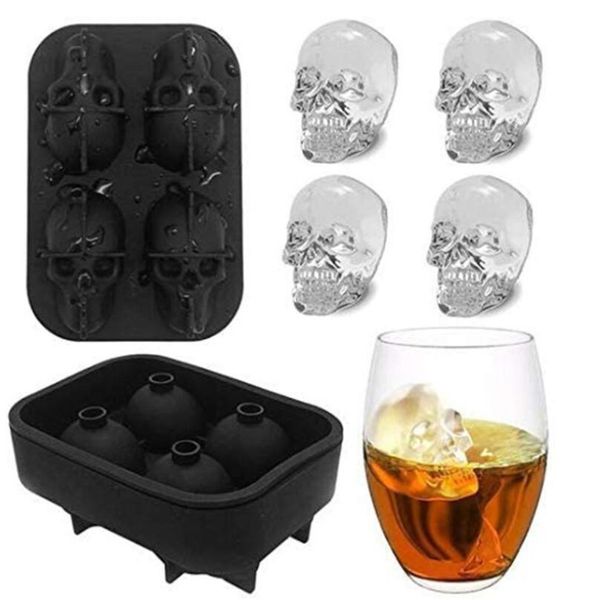 Jantar Gelo Cubo Bandeja 3D Skull Silicone Molde 4-Cavidade DIY Gelo Maker Uso Cool Whisky Wine Cozinha Ferramentas Pudim Ice Cream Molde KD1