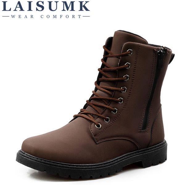 

laisumk tactical waterproof winter warm snow boots men vintage leather motorcycle ankle high cut male casual ankle boots, Black