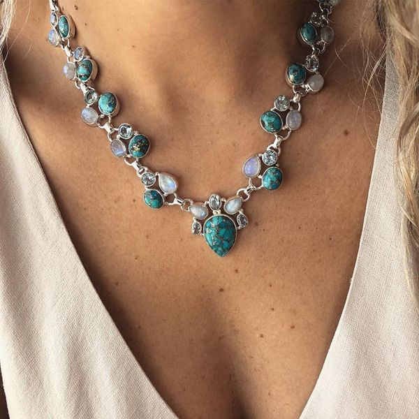 

fashion silver color boho white green flowers statement necklaces beads choker pendants necklaces for women bijoux