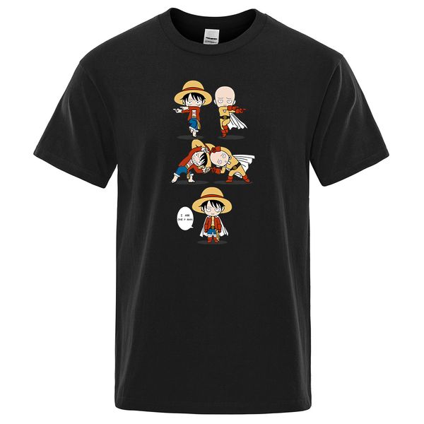 

luffy loves saitama t shirt one piece crossover one punch man t-shirt cool design 100% cotton black tee japanese anime men