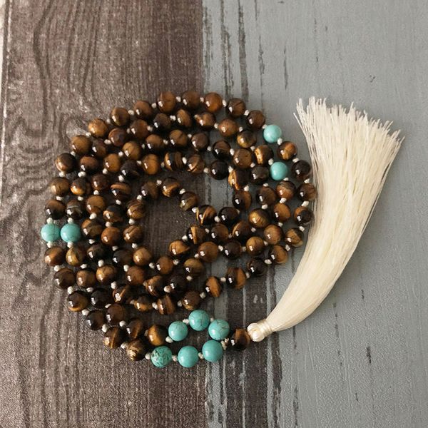 

108 beads hand knotted tassel necklace meditation yoga jewelry for confidence tiger's eye & t-urquoise beaded mala collar, Silver
