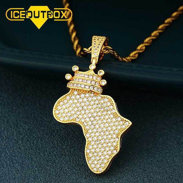 

iceoutbox crown africa карта кулон ожерелье микро pave + cubic zircon для женщин мужской хип-хоп ювелирные изделия африканские карты цепочка, Silver