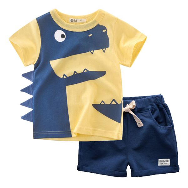 

biniduckling 2020 fashion summer baby boys kids clothes cartoon dinosaur o-neck t-shirt+shorts cotton set children clothes 2pcs, White