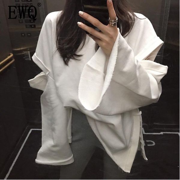 

ewq] 2020 spring summer round collar new style batwing sleeve white patchwork pullvoers casual loose sweatshirt women ad321, Black