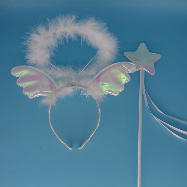 

white pink kids princess girls angel halo head wear star headband magic sticks wand cosplay costume party halloween christmas, Slivery;white