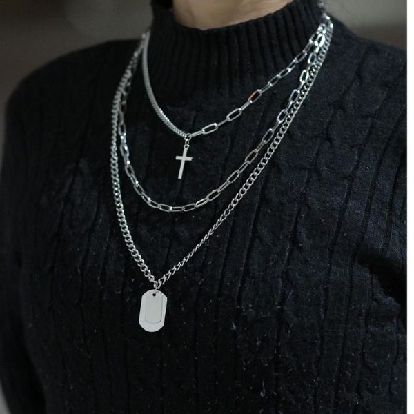 

pendant necklaces layered silver color metal chain cross necklace women men choker padlock hip hop chains jewelry aesthetic accessory