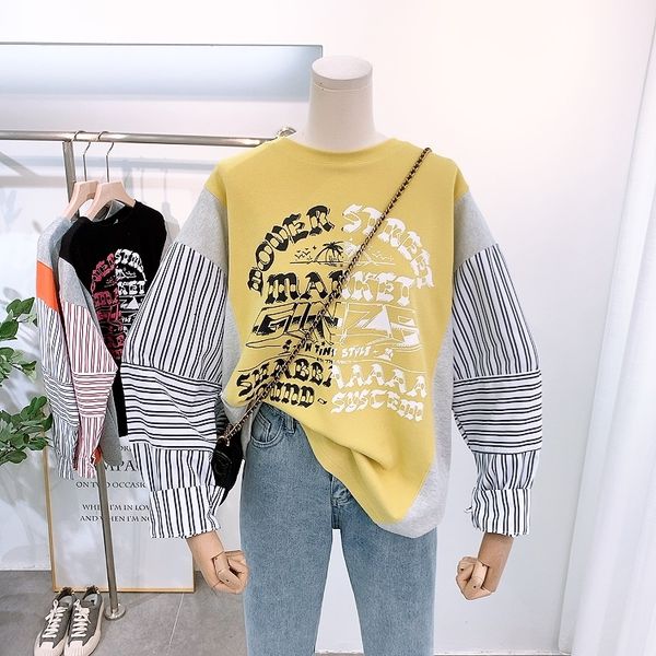 

2020 fall women street sweatshirts hoodies high street stripe cotton sweat female korean loose patchwork pullover coat yello, Black