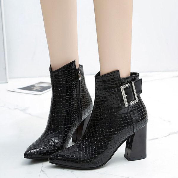 

boots rimocy fashion rhinestone buckle square heels ankle women pointed toe high shoes woman patent leather winter botas, Black