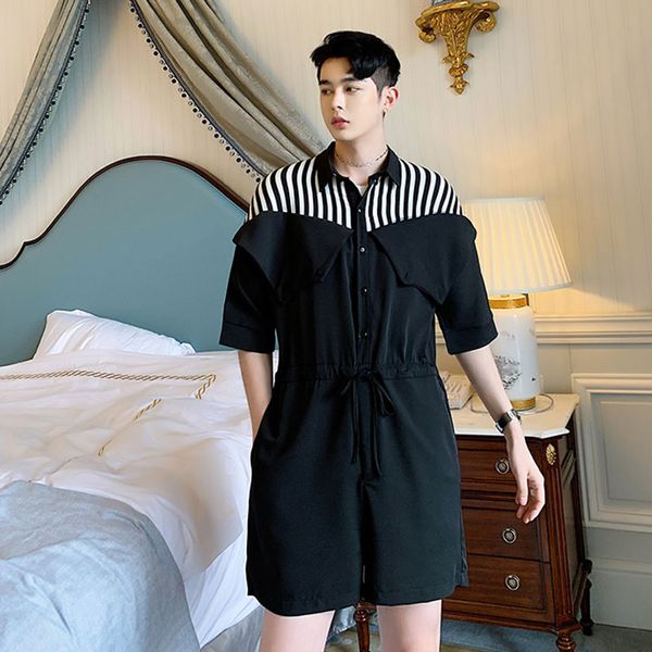 

men's tracksuits shirt fashion casual suit personalized stripe shorts loose quarter sleeve one piece summer pants, Gray