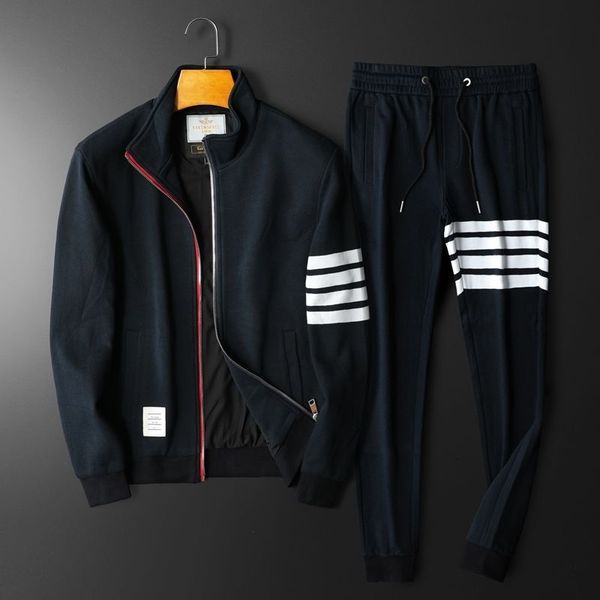 

autumn and winter embroidered sweater striped four bars fashion lapel stand collar jacket two-piece set, Gray