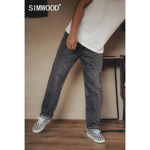 

simwood 2020 autumn dark washed loose straight jeans men plus size grey vintage 100% cotton denim trousers sj120758, Blue