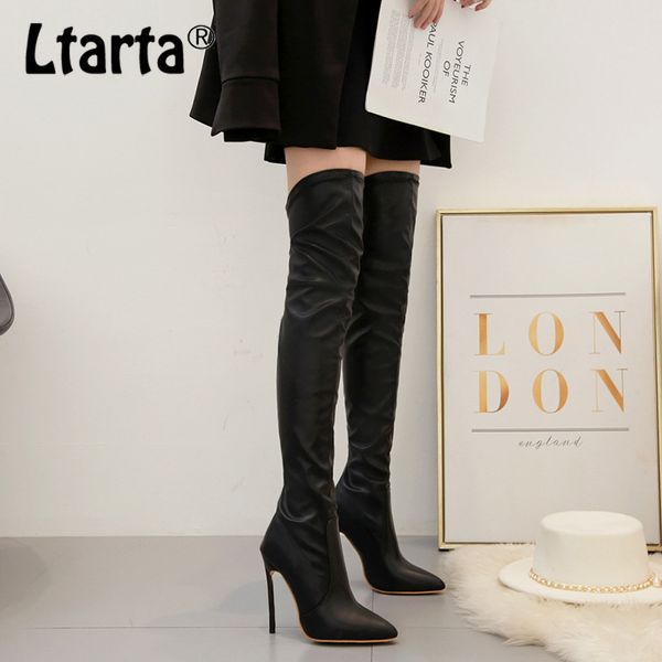 

ltarta 2020 fashion women's boots fine heel boots nightclub leather high-heeled solid color over-the-knee cwf, Black