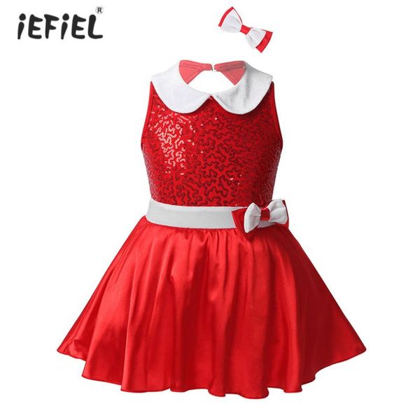 

kids girls shiny sequined christmas dancewear costume dress outfit sleeveless bowknot tutu leotard dress with hair clip set, Red;yellow