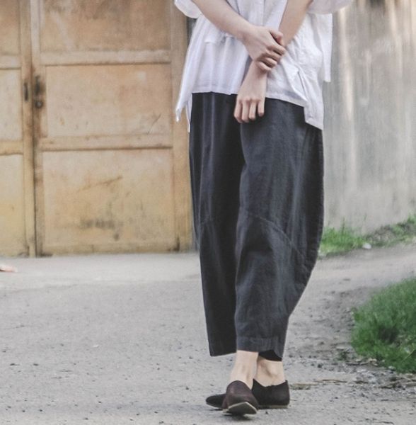 

women's pants & capris women cotton linen elastic waist vintage ladies solid color retro loose trousers female 2021 summer autumn, Black;white