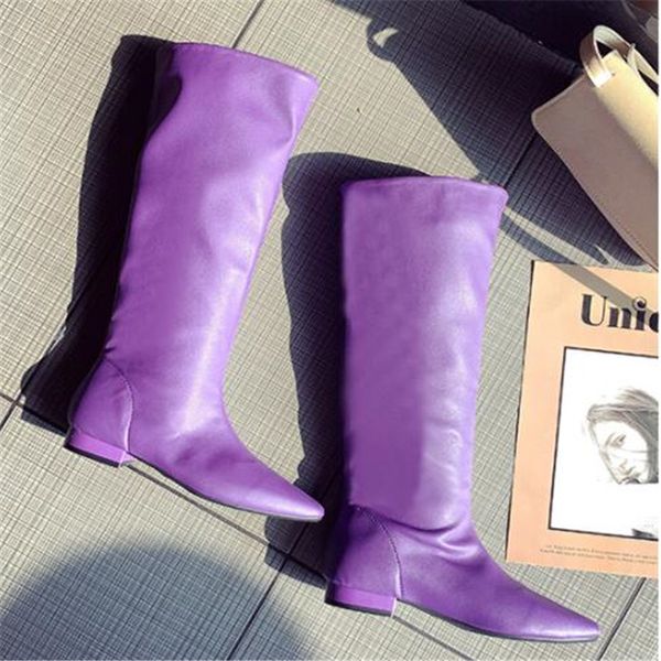 

shoes women pointy toe pu leather knee high boots low heels spring autumn fashion long boots flats knight black orange