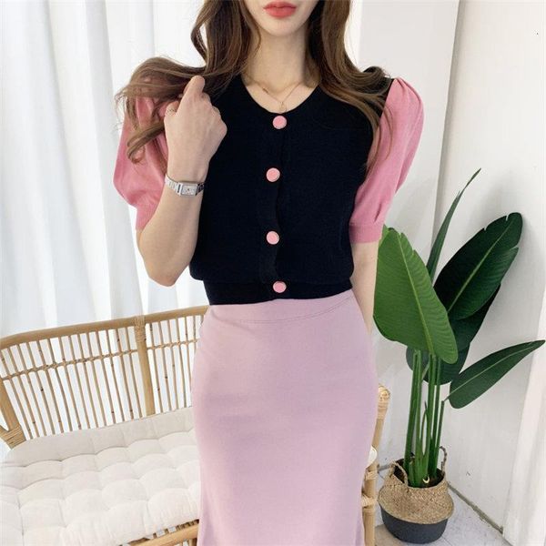 

casual elegant girls short sleeves color-hit 2020 high street office lady cardigans cute knitted sweet sweater, White;black