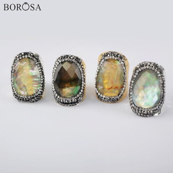

cluster rings borosa 5pcs natural shell gold color mother of pearl ring cubic zirconia handmade rhinestone jewelry jab977, Golden;silver