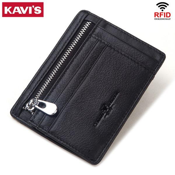 

kavis fashion black genuine leather travel men small case quality wallet holder thin zipper slim coin purse for male, Brown;gray