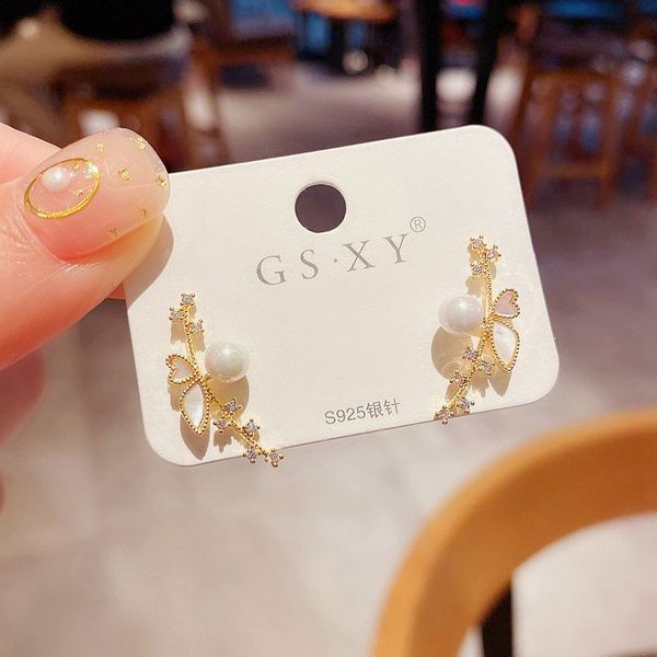 

korean style butterfly branch stud earrings gold color simulated pearl cubic zirconia earrings women jewelry, Golden;silver