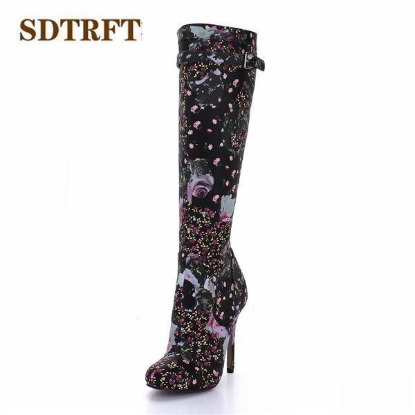 

sdtrft stilettos 12cm thin heeled motorcycle knee-high boots sm shoes woman botas dress flowers print buckle pumps plus:35-42 43, Black